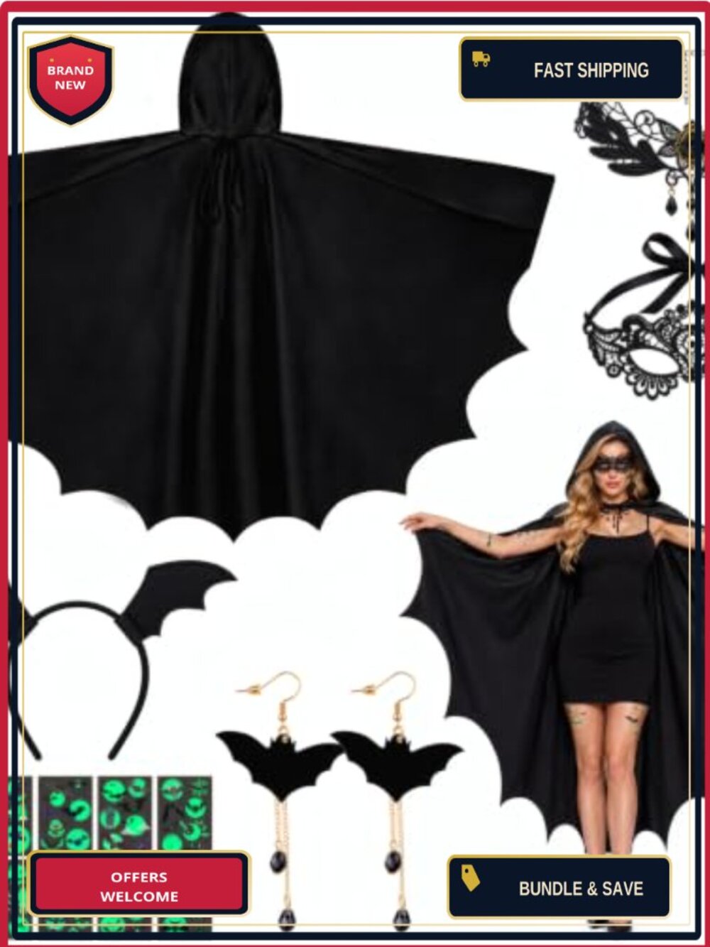 Hysagtek Women's Bat Costume Set with Wings Cape, Headband, Mask & Necklace